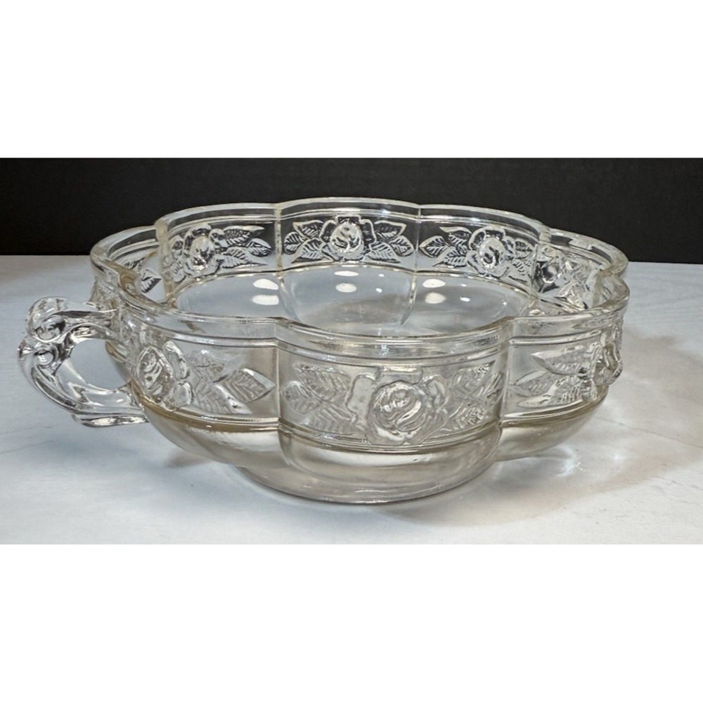 Vintage Jeanette Glass Aztec Rose Embossed Rose Band Two Handled Bowl Dish